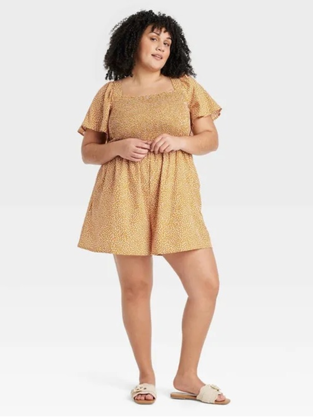 New Ava & Viv Mustard Floral Square-Neck Mini Shorts Romper Smocked Top Women’s